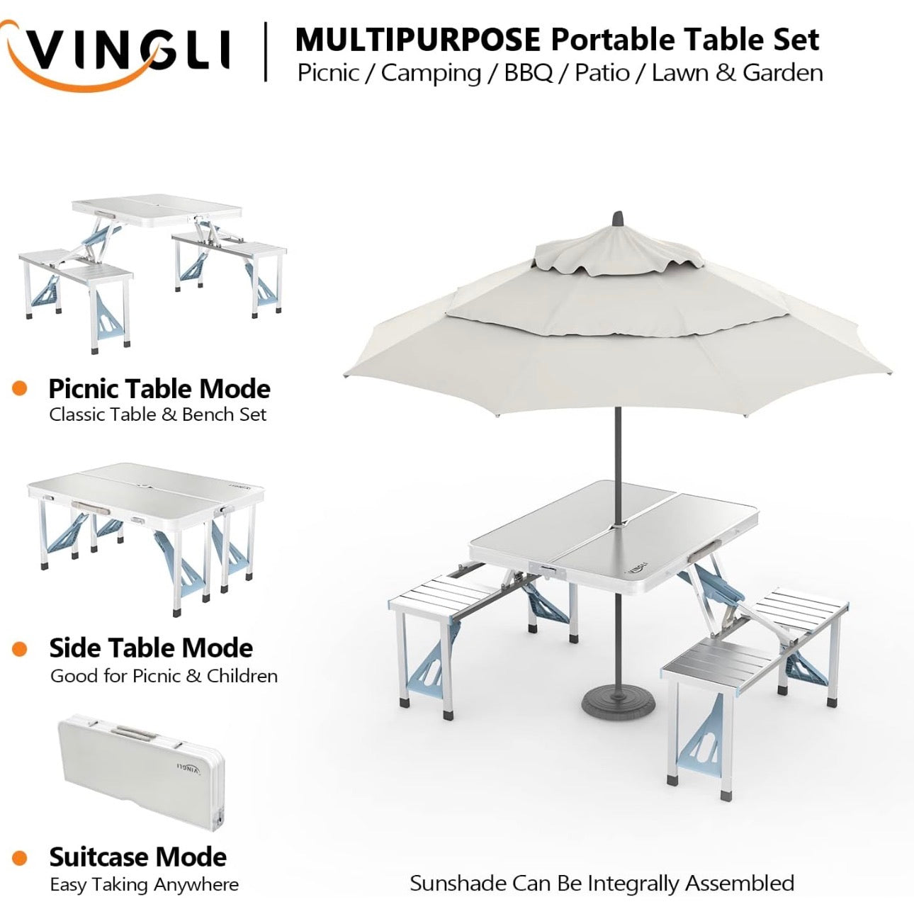 NEW- VINGLI 4Ft Folding Camping Picnic Table with Seats/Umbrella Hole-265 Lbs Support That Lightweight and Fold Up Card Suitcase Table Aluminum Alloy Frame, RV Tabletop with Soft Handle
