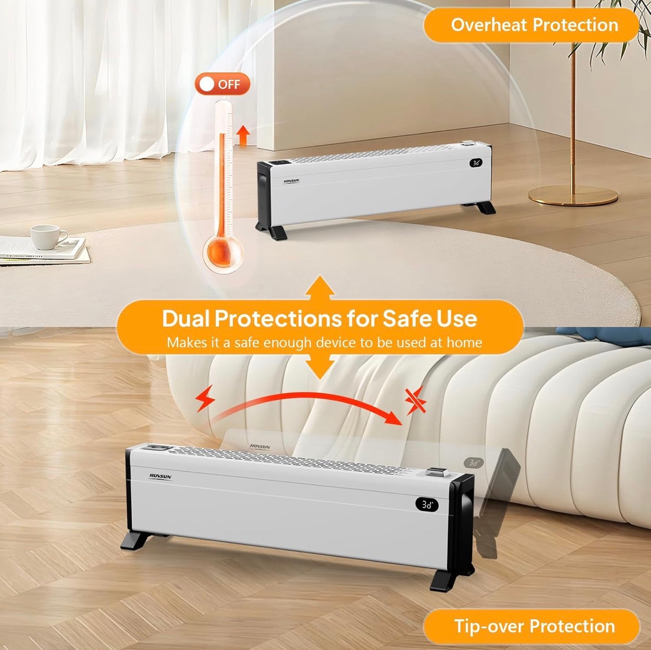 NEW- ROVSUN 32'' Electric Baseboard Heater with Easy Button Control, 1500W Convection Space Heater w/Adjustable Heating Modes, Overheat & Tip-Over Protection for Indoor Home Bedroom Office,