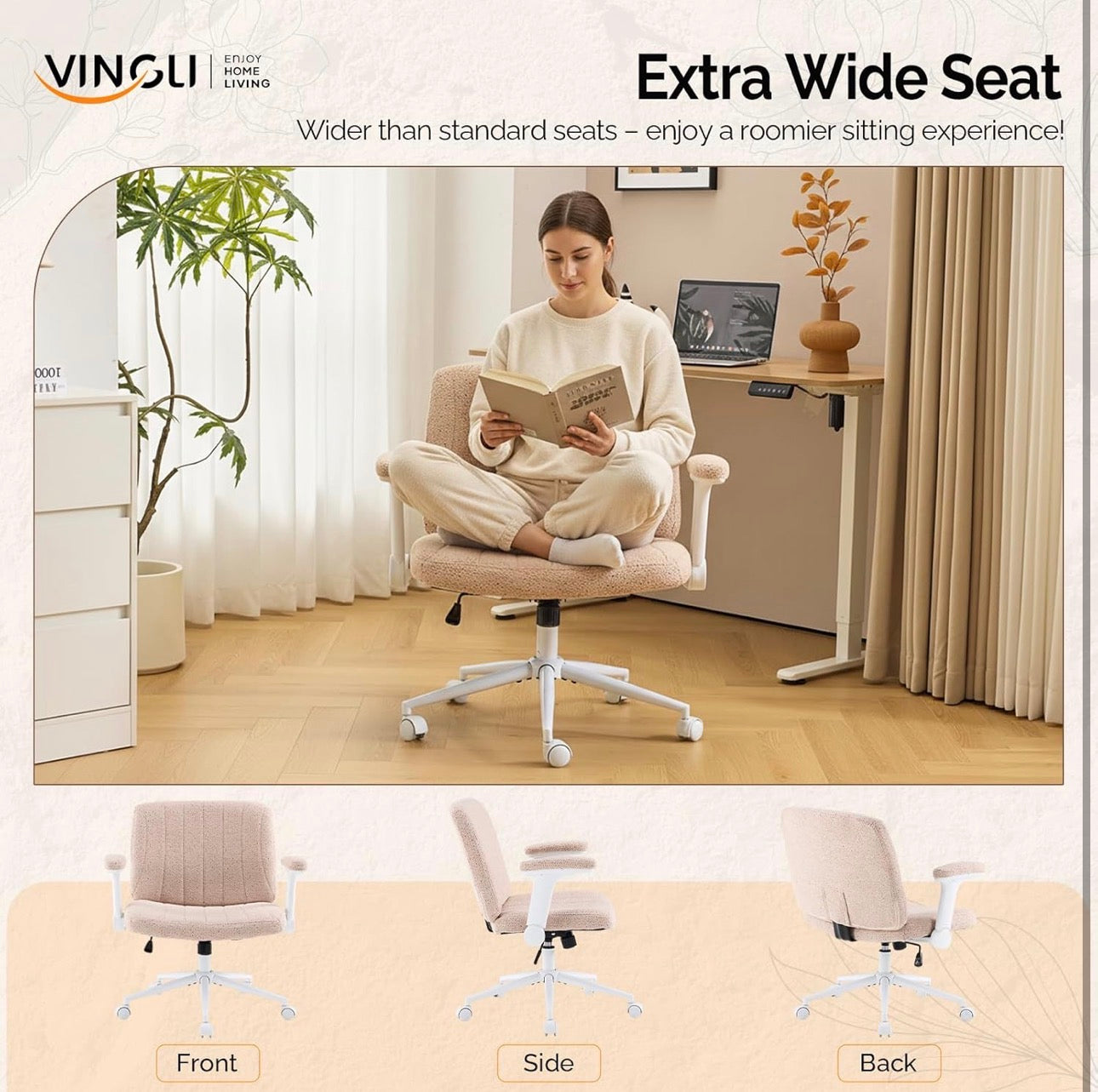 NEW- VINGLI Criss Cross Chair with Adjustable Flip-Up Arms,Cross Legged Chair with Wheels,Extra Wide Office Chair,Desk Chair for Home Office, Vanity, Bedroom, Apartment,Starry Chenille, Pink