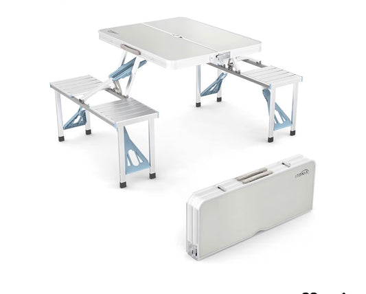 NEW- VINGLI 4Ft Folding Camping Picnic Table with Seats/Umbrella Hole-265 Lbs Support That Lightweight and Fold Up Card Suitcase Table Aluminum Alloy Frame, RV Tabletop with Soft Handle