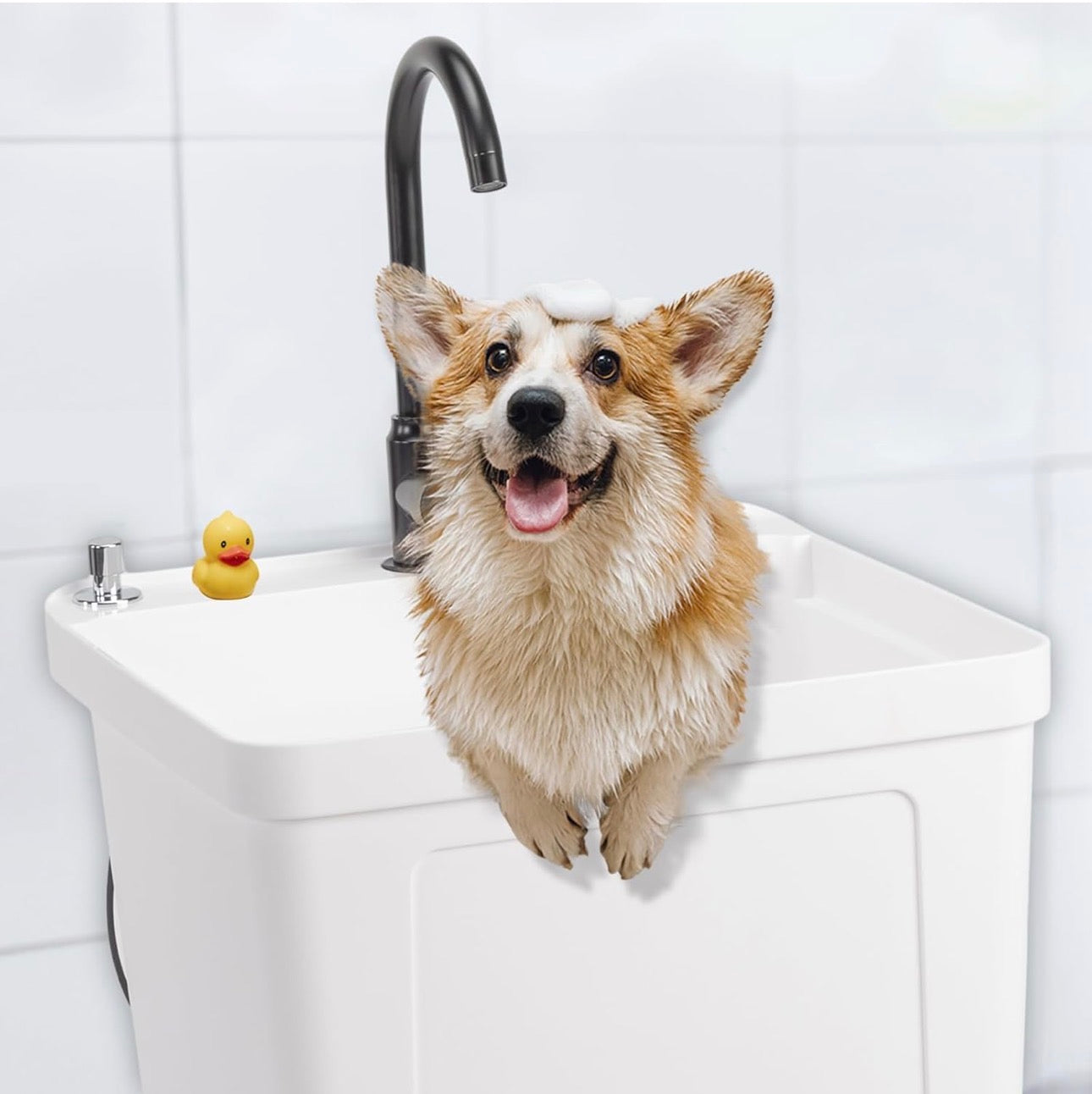 NEW- VINGLI 13-Gallon Utility Sink Laundry Tub for Washing Room, Freestanding Utility Sink with Stainless Steel Faucet, (White, 19.7"W × 18.9"D × 33"H)