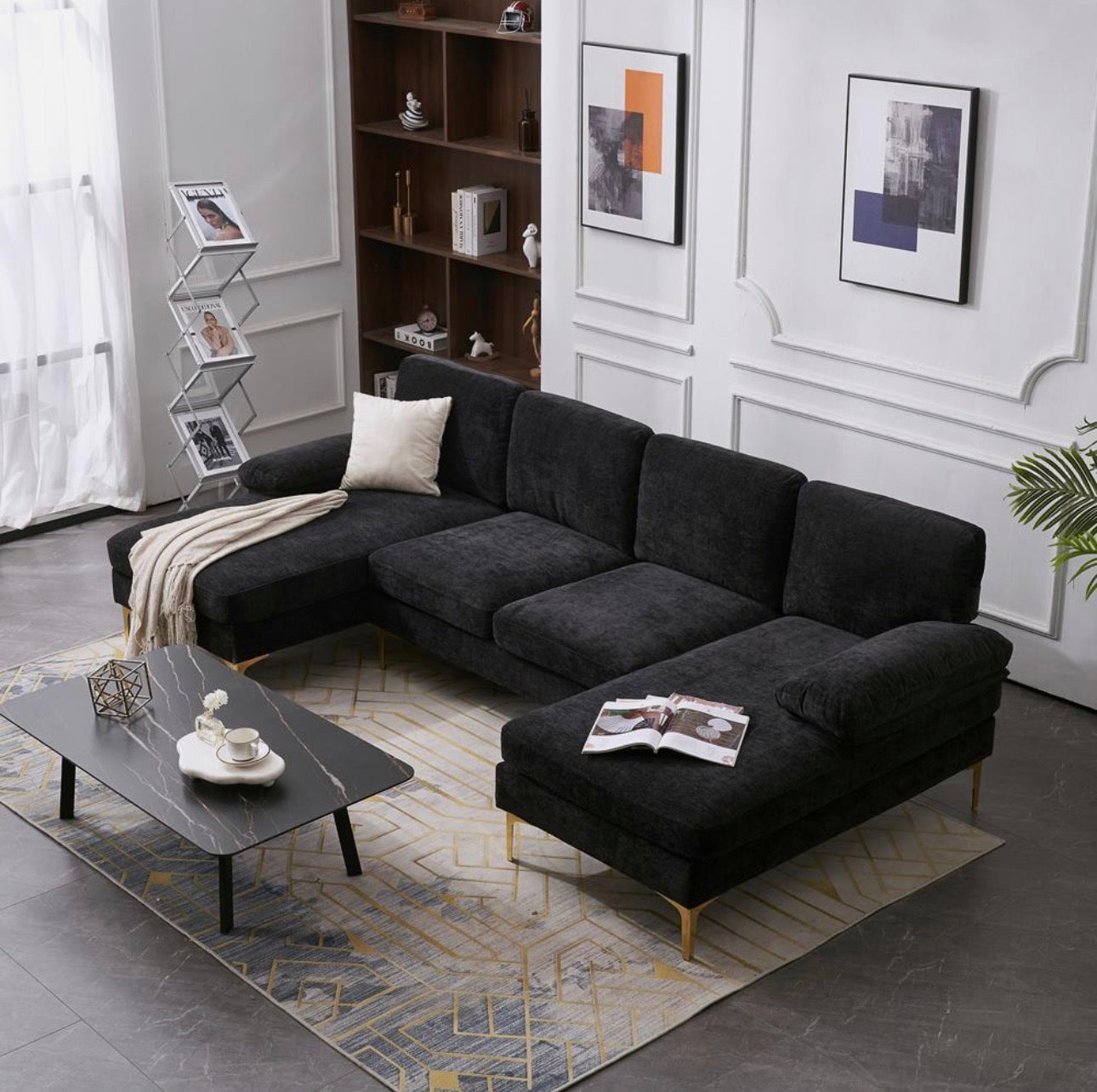 NEW- U-Shaped 3-Seat Modular Couch, Sectional Sofa Couch Large Sectional Couches for Home Apartment, Office, Living Room Solid Wood Frame Iron Back and Golden Feet Linen Upholstery Black