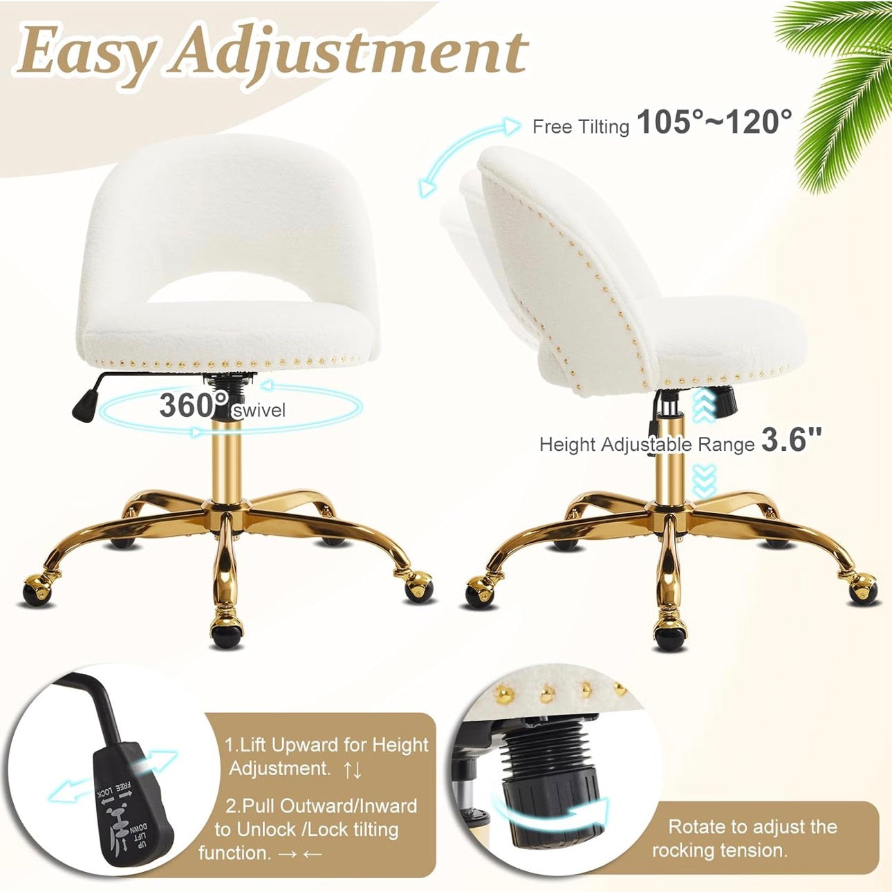 NEW- VINGLI Modern Teddy Fluffy Small Office Chair,Cute Desk Chair with Wheels,Gold Base/Studs, Comfy Armless Swivel Vanity Task Chair for Women/Girl/Kids, Nail Tech Chair for Bedroom, Small Space, White