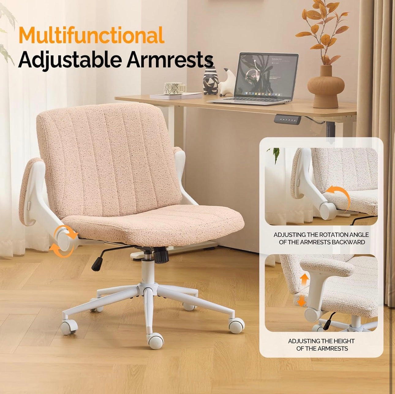 NEW- VINGLI Criss Cross Chair with Adjustable Flip-Up Arms,Cross Legged Chair with Wheels,Extra Wide Office Chair,Desk Chair for Home Office, Vanity, Bedroom, Apartment,Starry Chenille, Pink