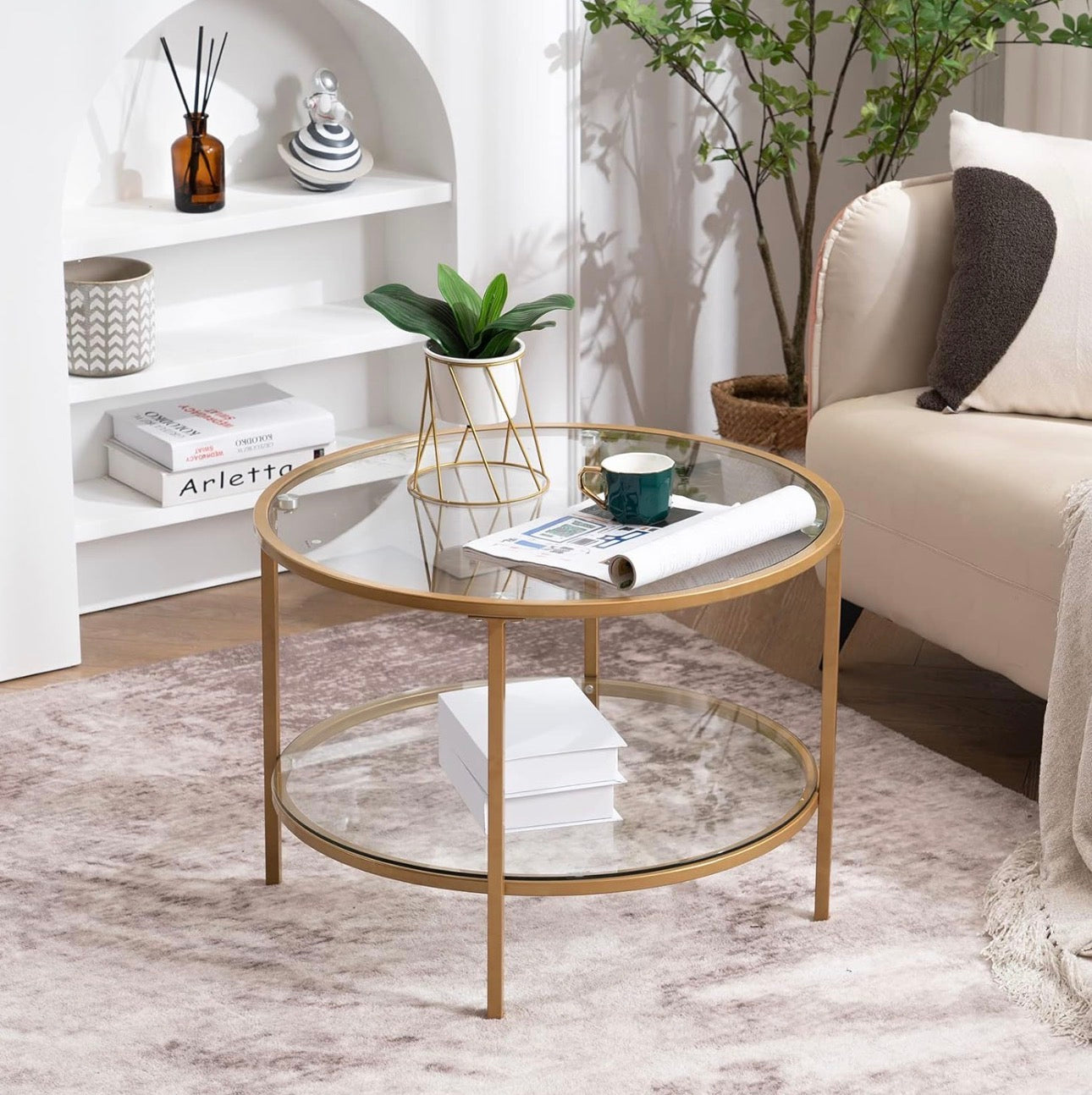 NEW- VINGLI 25.6" Round Gold Coffee Tables for Living Room, 2-Tier Glass Top Coffee Table with Storage Clear Coffee, Simple & Modern Center Table for Small Space