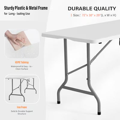 USED LIKE NEW- VINGLI 6 Foot Plastic Folding Table Portable Long White Table for Indoor Outdoor Use Rectangular with Carrying Handle