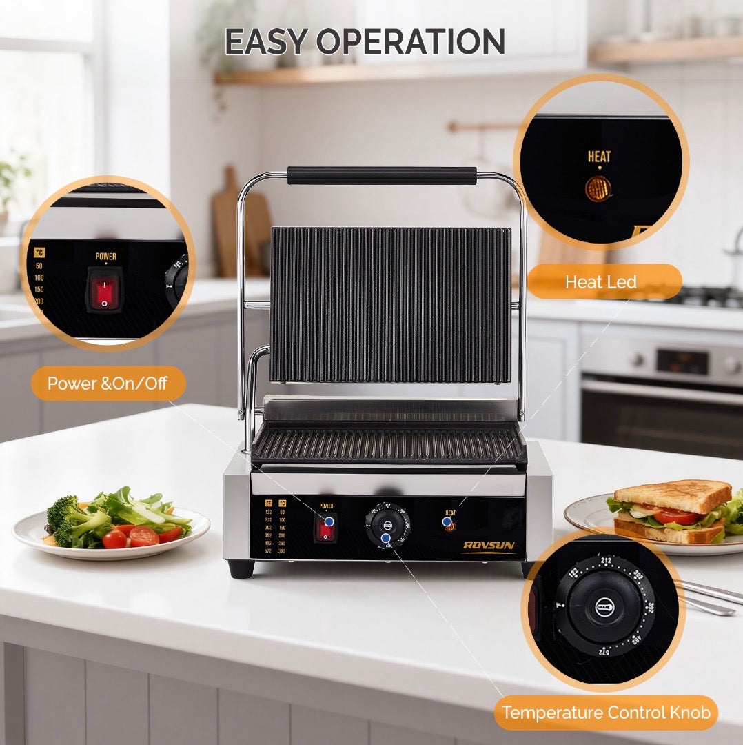 NEW- ROVSUN 811E Commercial Panini Press Grill, 2200W Stainless Steel Electric Countertop Sandwich Maker with Adjustable Temp 122°F-572°F, For Steak, Burgers, Home & Restaurant Use, 110V, Silver