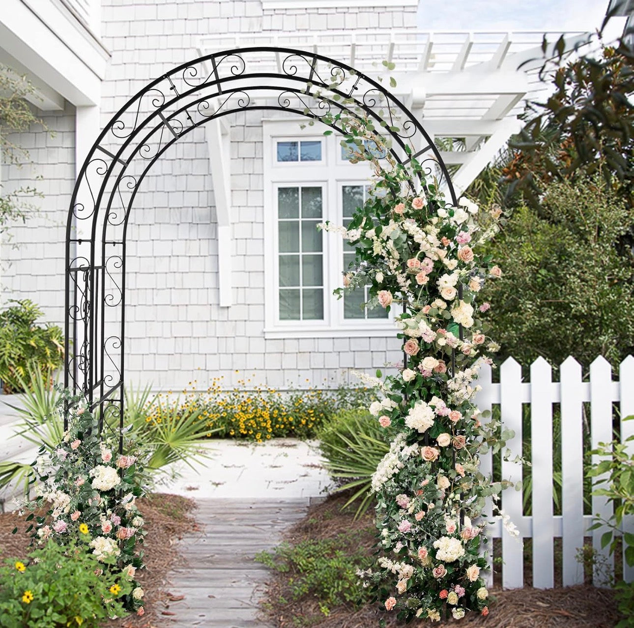 USED LIKE NEW- 7FT Heavy Duty Double Layer Iron Art Arc Top Iron Arch Black Steel, Garden Arbor with Side Garden Trellis, Rust-Resistant Powder Coated Wedding Arch Archway for Backyard, Vine Plants & Outdoor Decor - Includes Ground Stakes & Easy Assembly