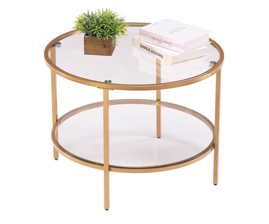 NEW- VINGLI 25.6" Round Gold Coffee Tables for Living Room, 2-Tier Glass Top Coffee Table with Storage Clear Coffee, Simple & Modern Center Table for Small Space