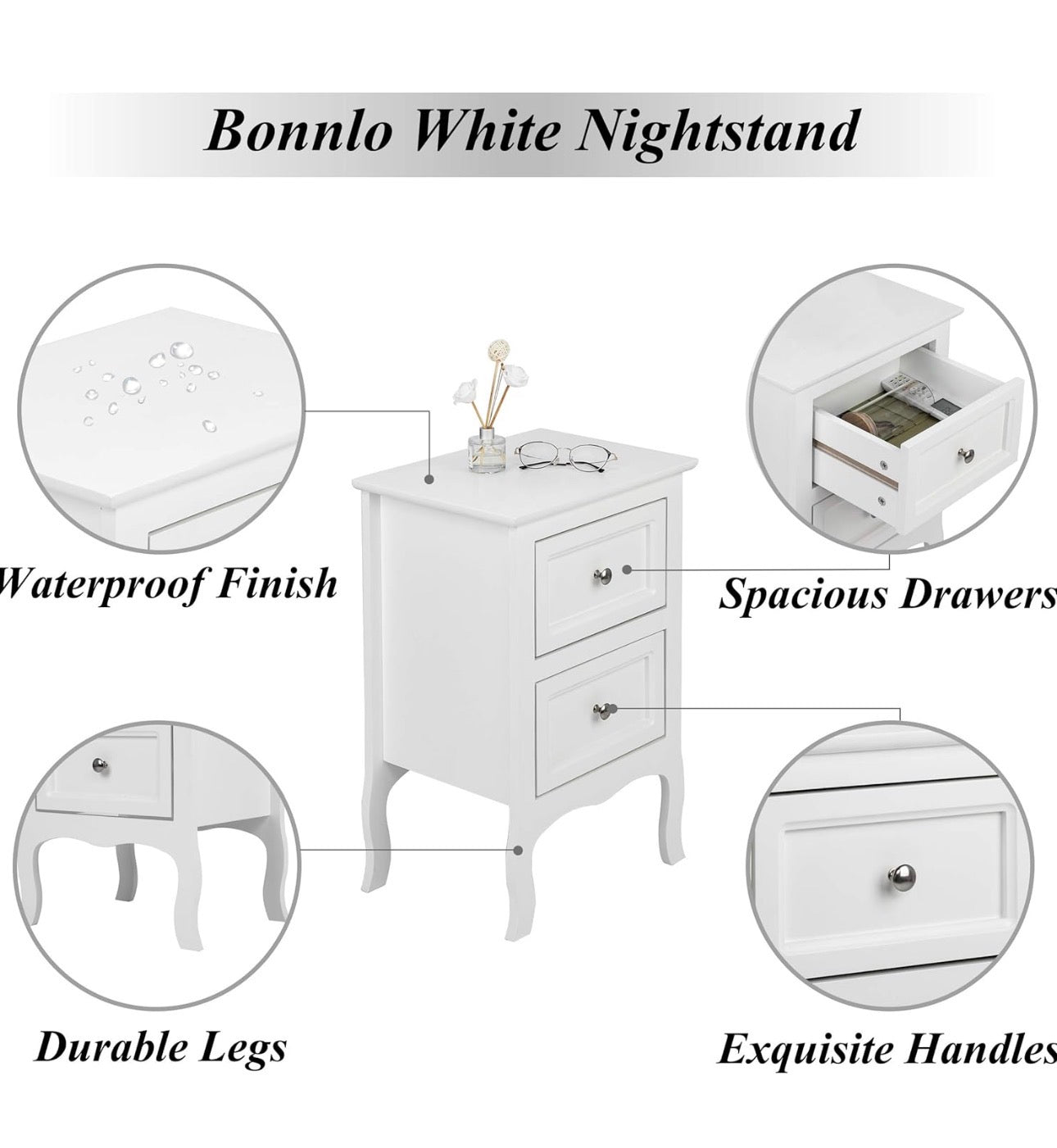 USED GOOD- Bonnlo White Nightstand with 2 Drawers, Night Stands for Bedrooms, Small Bed Side Table/White Night Stand with Drawers for Small Spaces, College Dorm, Kids' Room, Living Room, French, 16W × 12D x 24H
