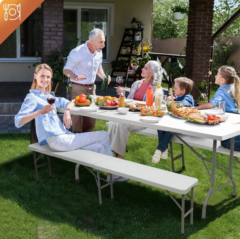 NEW- VINGLI 6 ft 3-Piece Portable Picnic White Table Bench Set, Weather-Resistant Plastic Folding Camping Beer Table w/Carrying Handles, for Family Garden Patio Outdoor Activities Use