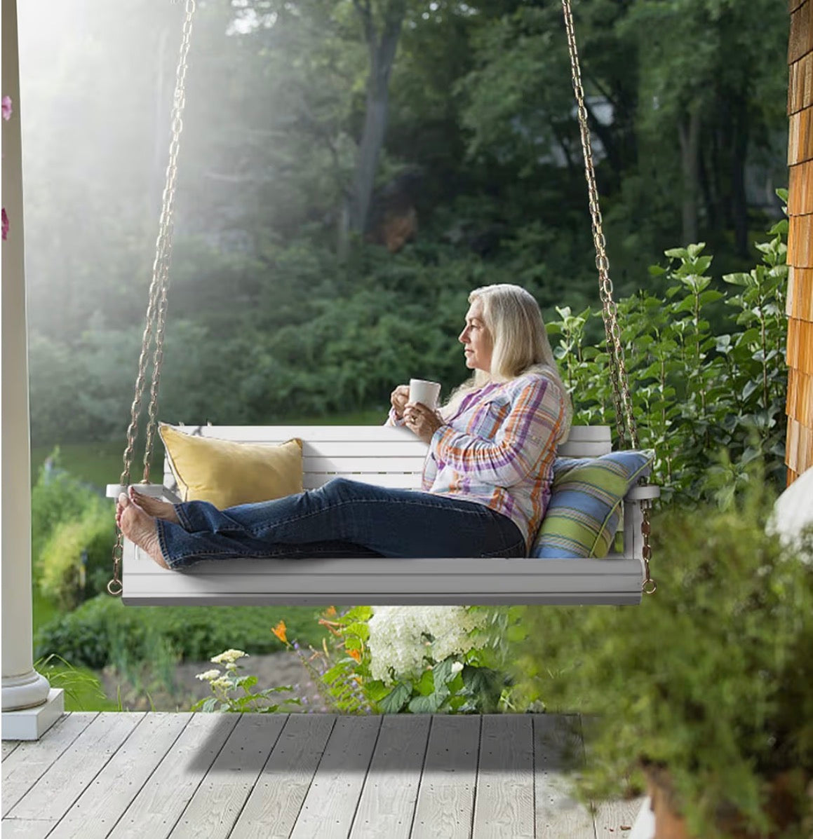NEW- VINGLI Upgraded Patio Wooden Porch Swing for Courtyard & Garden, Heavy Duty 880 LBS Swing Chair Bench with Hanging Chains for Outdoors (5 FT, White)