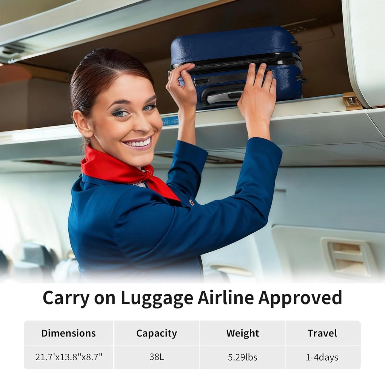 NEW- Karl home Carry On Luggage 22x14x9 Airline Approved, ABS Hardshell Suitcase with TSA Lock & Spinner Wheels, Durable Small Suitcase Rolling Luggage for Business Travel, Navy Blue