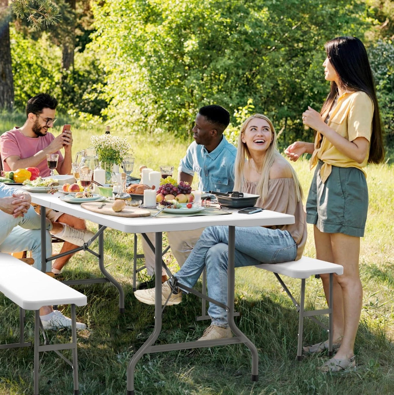NEW- VINGLI 6 ft 3-Piece Portable Picnic White Table Bench Set, Weather-Resistant Plastic Folding Camping Beer Table w/Carrying Handles, for Family Garden Patio Outdoor Activities Use
