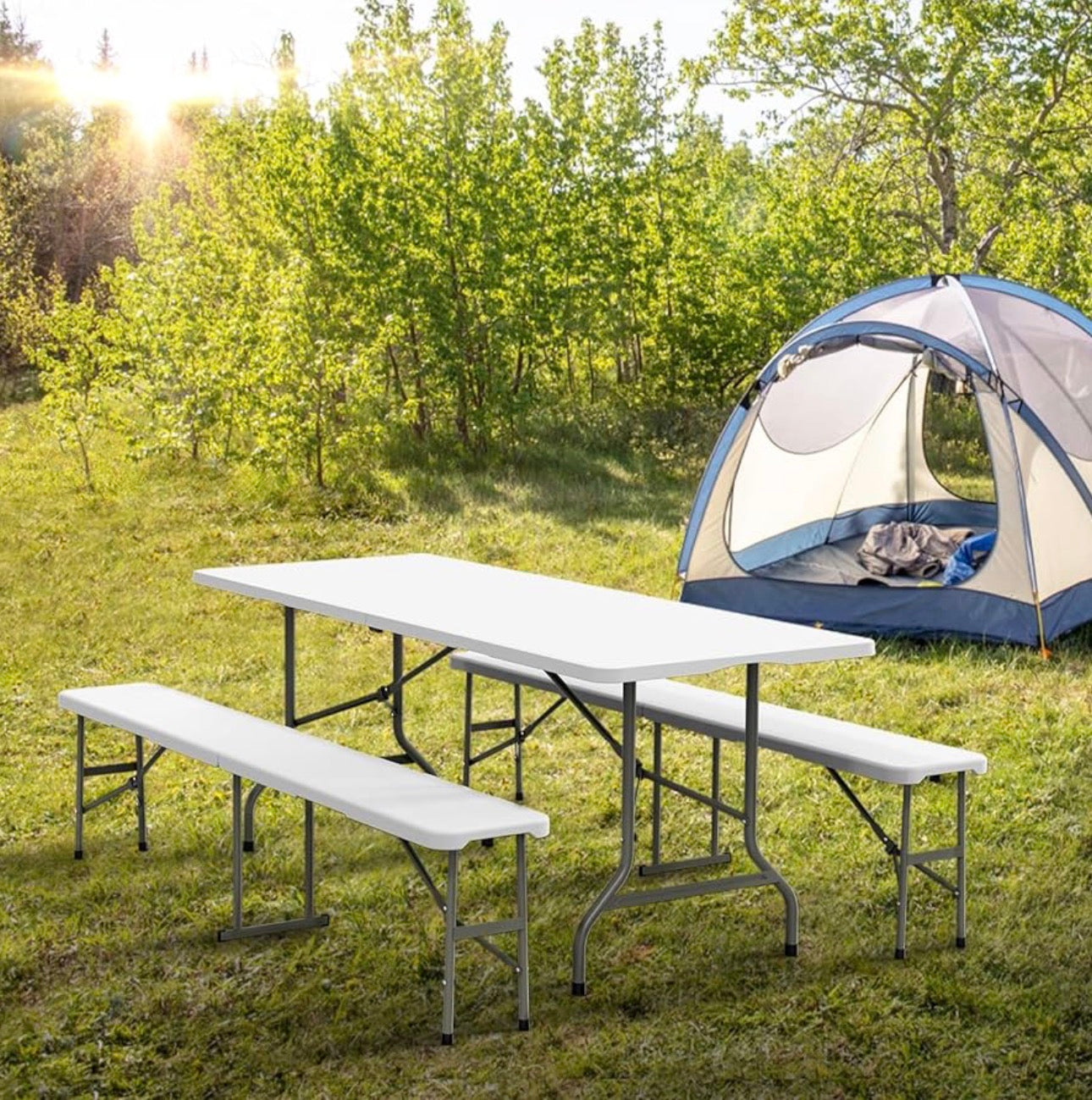NEW- VINGLI 6 ft 3-Piece Portable Picnic White Table Bench Set, Weather-Resistant Plastic Folding Camping Beer Table w/Carrying Handles, for Family Garden Patio Outdoor Activities Use