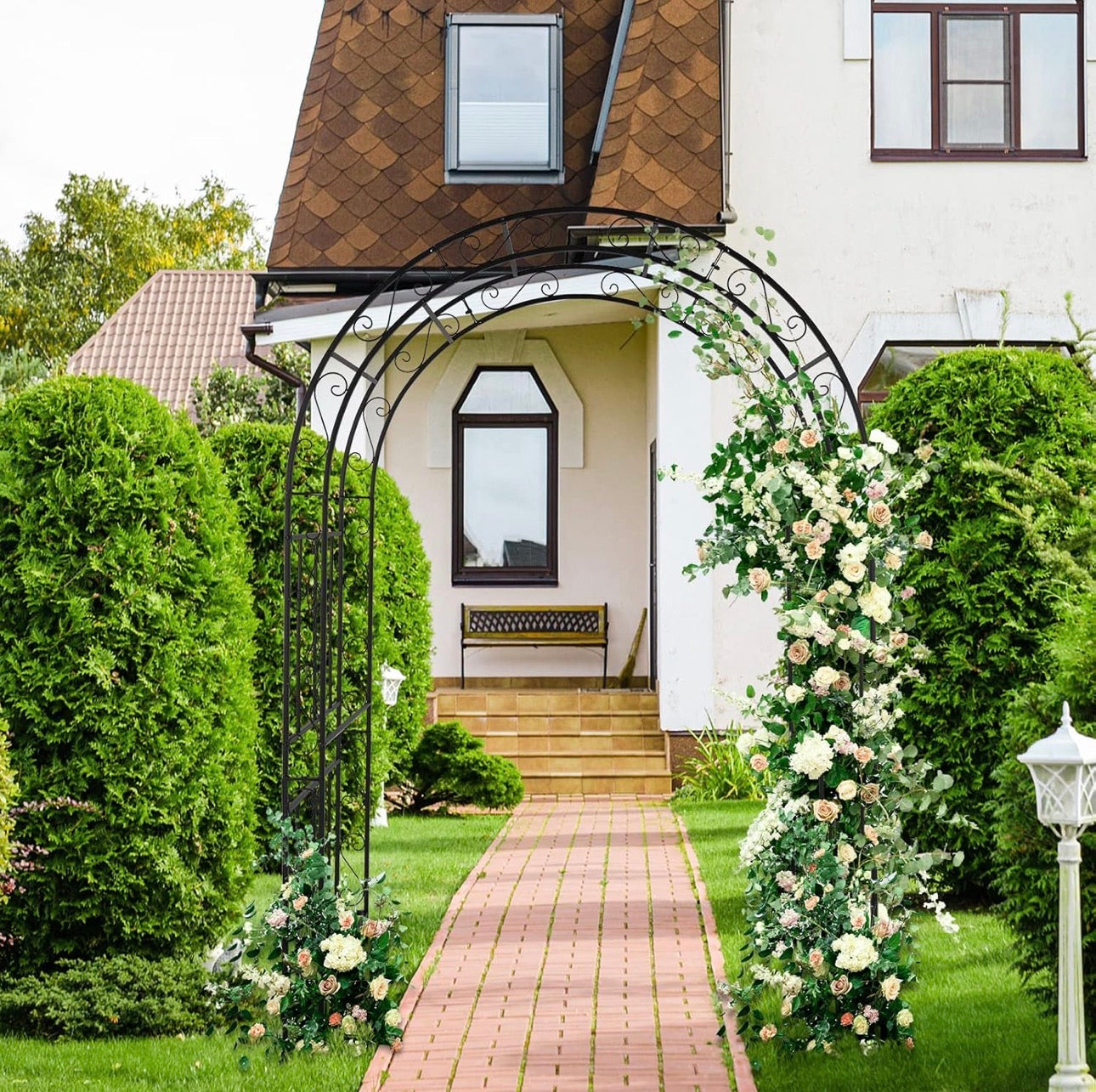 USED LIKE NEW- 7FT Heavy Duty Double Layer Iron Art Arc Top Iron Arch Black Steel, Garden Arbor with Side Garden Trellis, Rust-Resistant Powder Coated Wedding Arch Archway for Backyard, Vine Plants & Outdoor Decor - Includes Ground Stakes & Easy Assembly