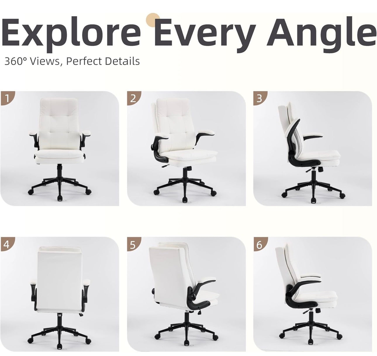 NEW- VINGLI Comfy White Leather Office Desk Chair, High-Back Support Ergonomic Computer Task Gaming Chair,with Removable wheels,360° Swivel,Adjustable Height,Flip-Up Arms,for Adults,Teen,Vanity,Home Office