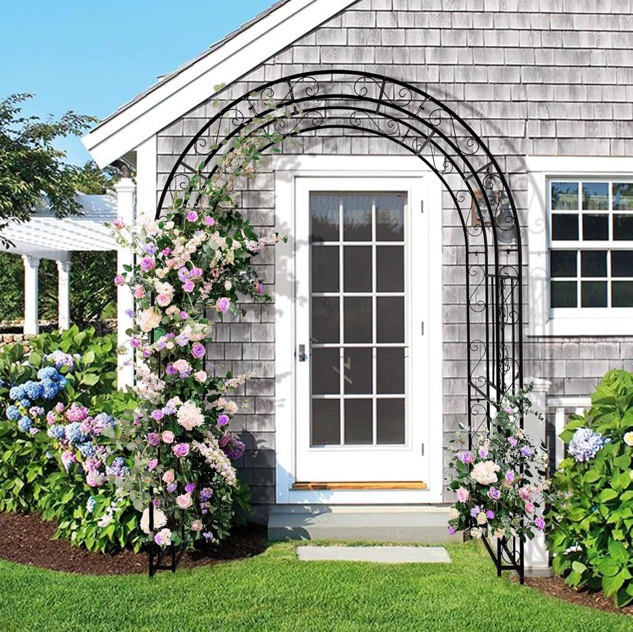 USED LIKE NEW- 7FT Heavy Duty Double Layer Iron Art Arc Top Iron Arch Black Steel, Garden Arbor with Side Garden Trellis, Rust-Resistant Powder Coated Wedding Arch Archway for Backyard, Vine Plants & Outdoor Decor - Includes Ground Stakes & Easy Assembly