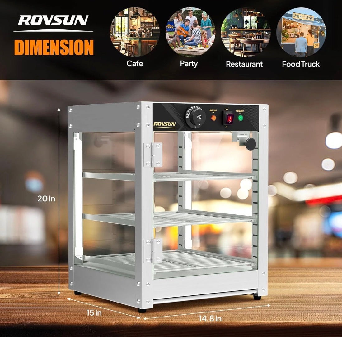 NEW- ROVSUN 3-Tier Commercial Food Warmer, 15" Pizza Warmer Food Warmer Display with LED Adjustable Lighting Glass Door Removable Shelves, Countertop Electric Food Warmer for Buffet Restaurant 110V 800W