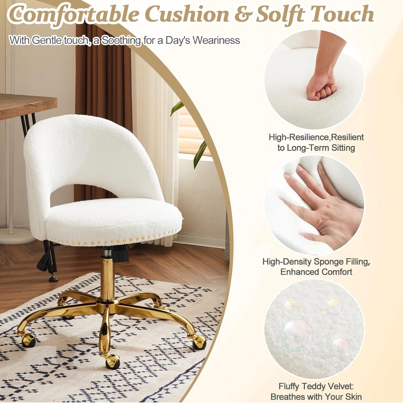 NEW- VINGLI Modern Teddy Fluffy Small Office Chair,Cute Desk Chair with Wheels,Gold Base/Studs, Comfy Armless Swivel Vanity Task Chair for Women/Girl/Kids, Nail Tech Chair for Bedroom, Small Space, White