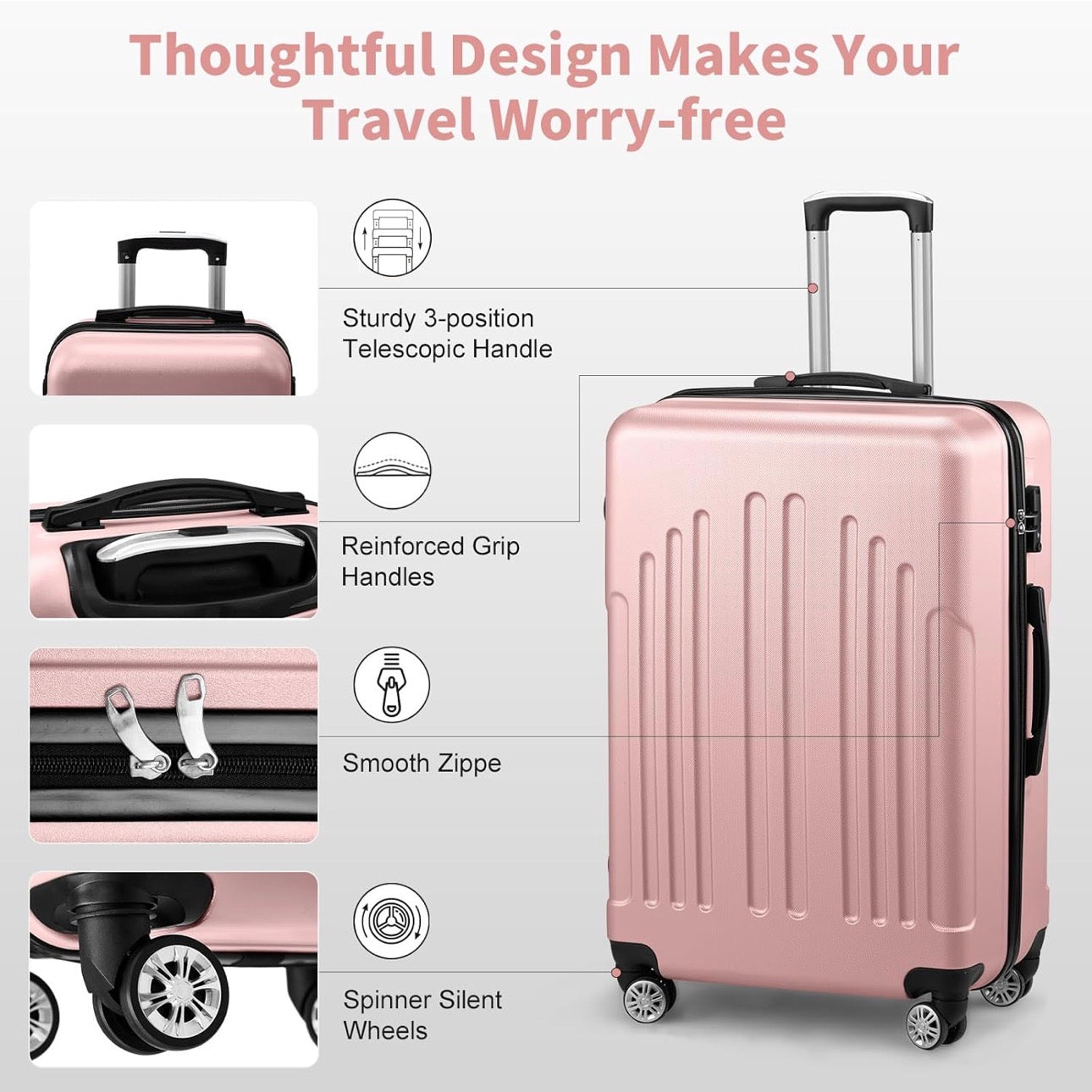 NEW- Karl home Carry On Luggage 22x14x9 Airline Approved, ABS Hardshell Suitcase with TSA Lock & Spinner Wheels, Durable Small Suitcase Rolling Luggage for Business Travel, Pink