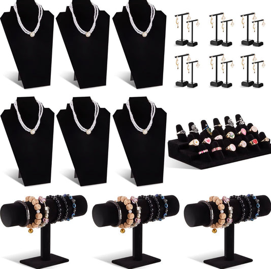 New- 22-Piece Jewelry Display Organizer Set - Necklace, Bracelet, Ring & Earring Stands (Black)