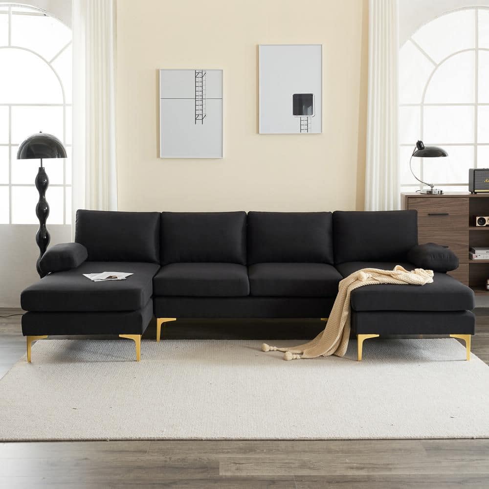 NEW- U-Shaped 3-Seat Modular Couch, Sectional Sofa Couch Large Sectional Couches for Home Apartment, Office, Living Room Solid Wood Frame Iron Back and Golden Feet Linen Upholstery Black