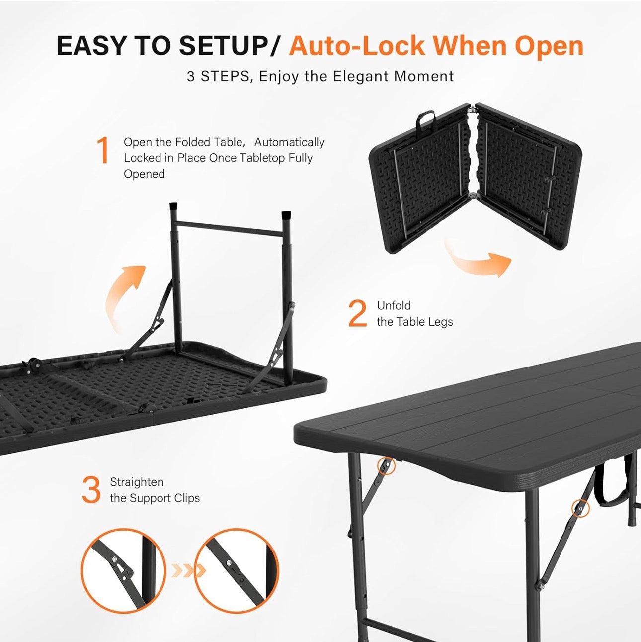 NEW- VINGLI 4 FT Plastic Folding Camping Table,3-Level Adjustable Height, Portable in/Outdoor Party Picnic Dining Desk,Off-White Garden Soccer Multipurpose Entertaining Activities, Black
