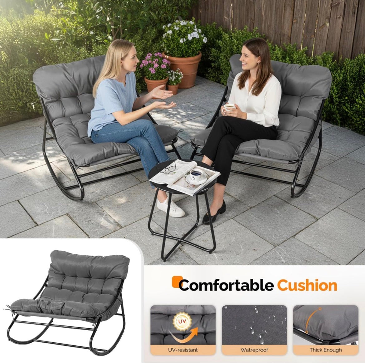 NEW- VINGLI Rocking Patio Chairs Set of 2 with Side Table, Heavy Duty 400 LBS Capacity, Padded Outdoor Indoor Rockers, Grey