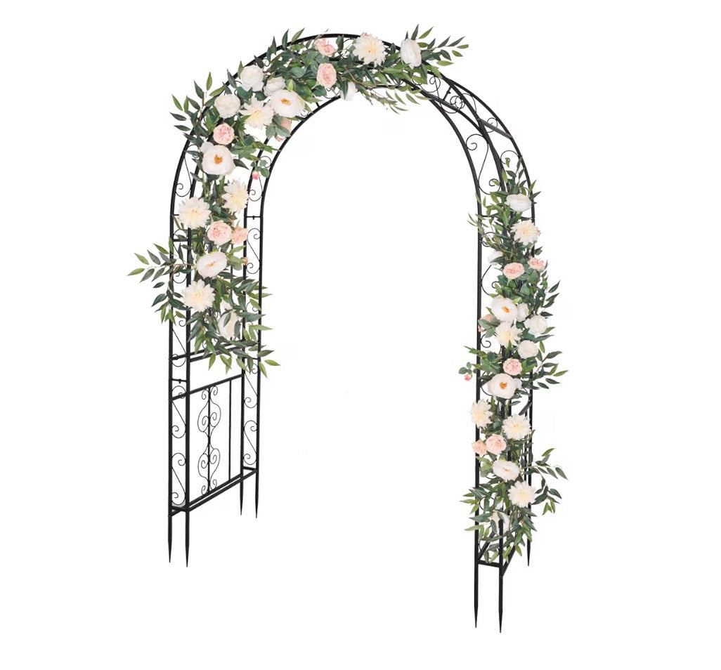 USED LIKE NEW- 7FT Heavy Duty Double Layer Iron Art Arc Top Iron Arch Black Steel, Garden Arbor with Side Garden Trellis, Rust-Resistant Powder Coated Wedding Arch Archway for Backyard, Vine Plants & Outdoor Decor - Includes Ground Stakes & Easy Assembly