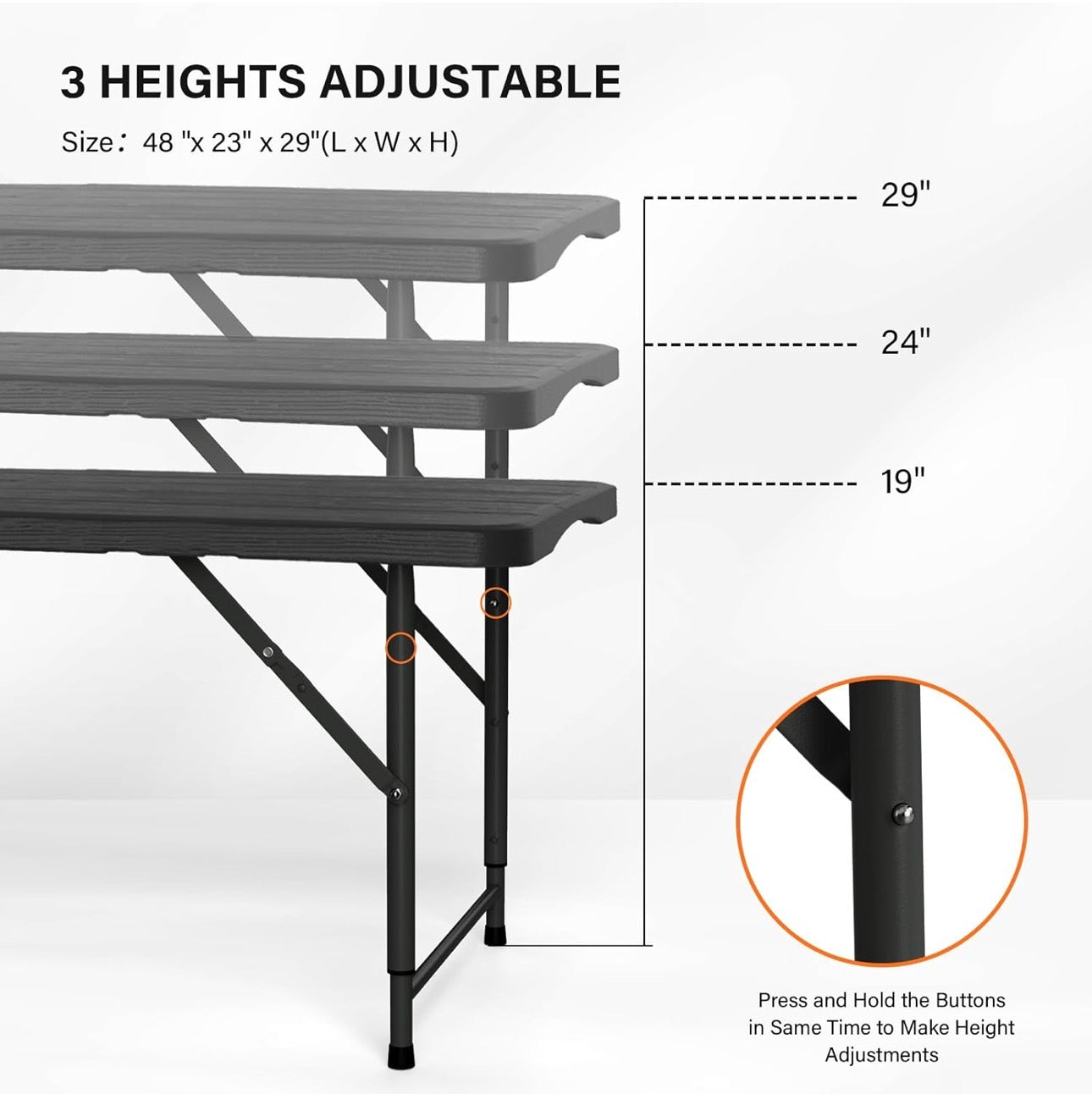 NEW- VINGLI 4 FT Plastic Folding Camping Table,3-Level Adjustable Height, Portable in/Outdoor Party Picnic Dining Desk,Off-White Garden Soccer Multipurpose Entertaining Activities, Black