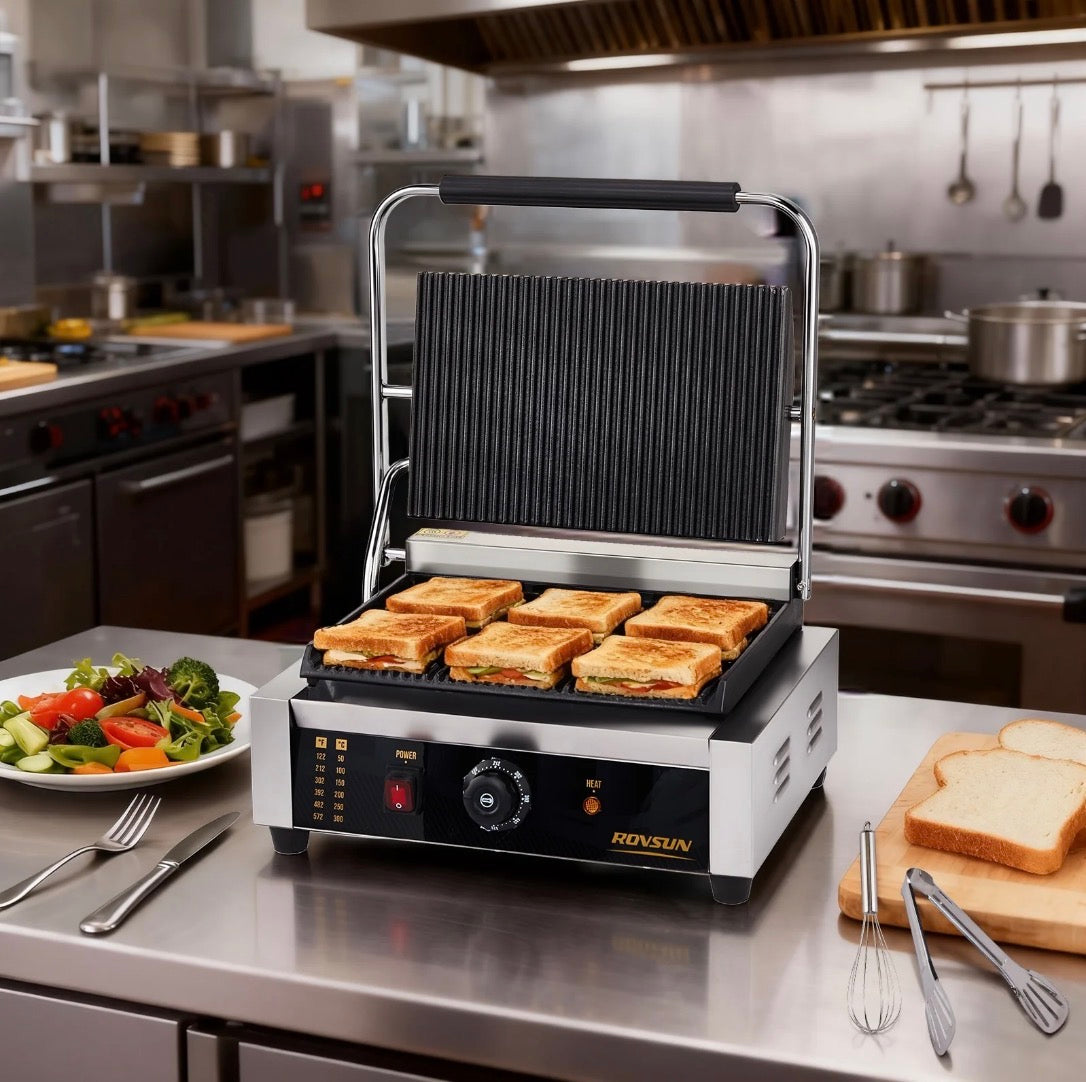 NEW- ROVSUN 811E Commercial Panini Press Grill, 2200W Stainless Steel Electric Countertop Sandwich Maker with Adjustable Temp 122°F-572°F, For Steak, Burgers, Home & Restaurant Use, 110V, Silver