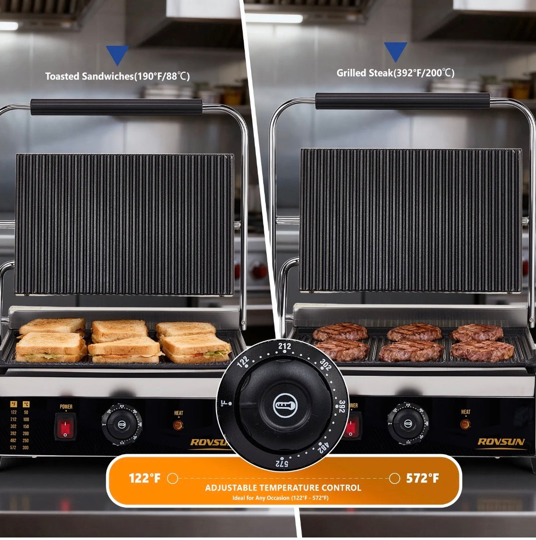 NEW- ROVSUN 811E Commercial Panini Press Grill, 2200W Stainless Steel Electric Countertop Sandwich Maker with Adjustable Temp 122°F-572°F, For Steak, Burgers, Home & Restaurant Use, 110V, Silver