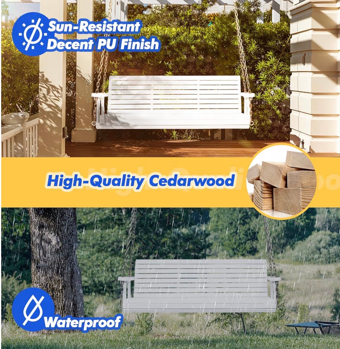 NEW- VINGLI Upgraded Patio Wooden Porch Swing for Courtyard & Garden, Heavy Duty 880 LBS Swing Chair Bench with Hanging Chains for Outdoors (5 FT, White)