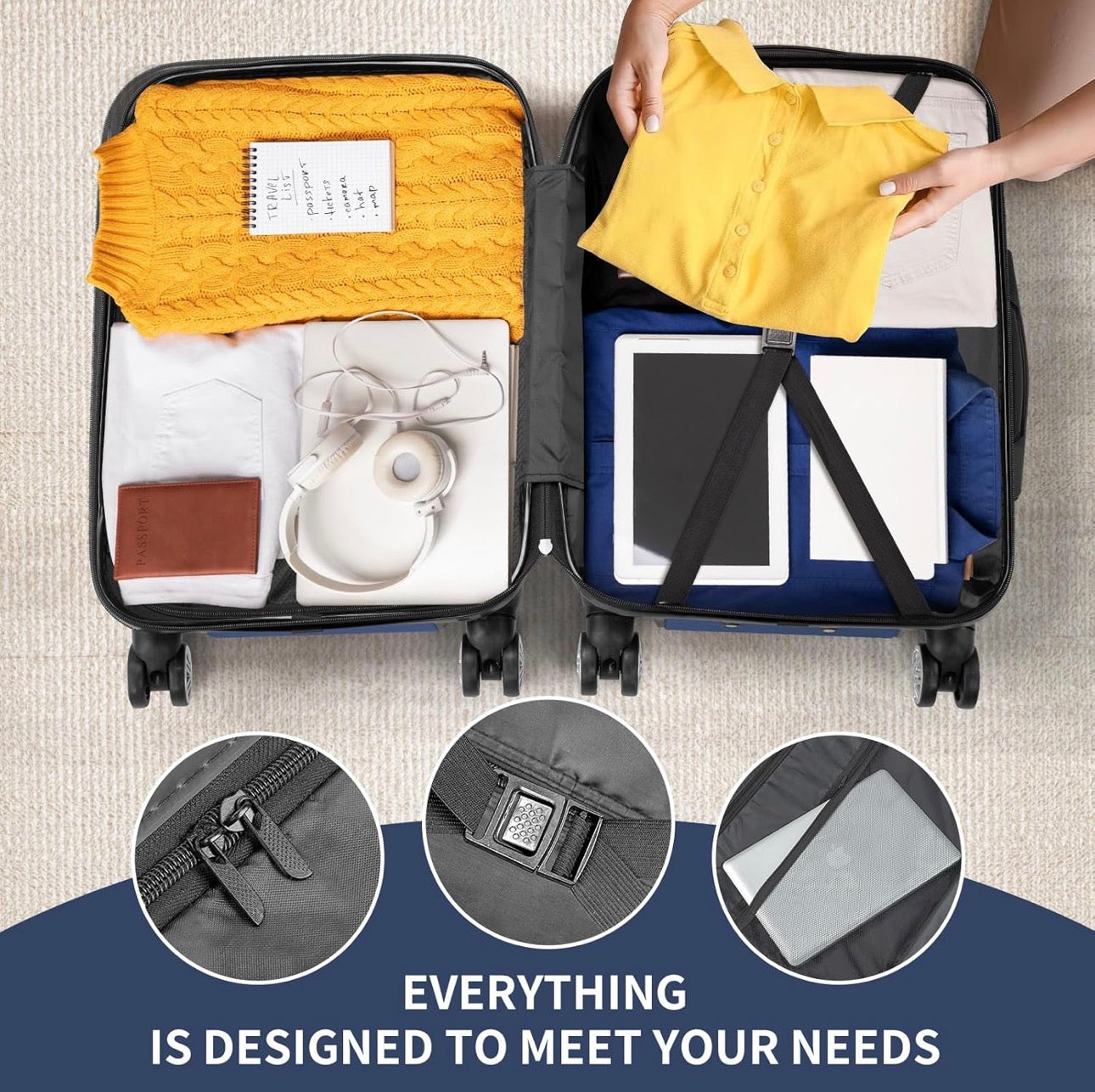 NEW- Karl home Carry On Luggage 22x14x9 Airline Approved, ABS Hardshell Suitcase with TSA Lock & Spinner Wheels, Durable Small Suitcase Rolling Luggage for Business Travel, Navy Blue