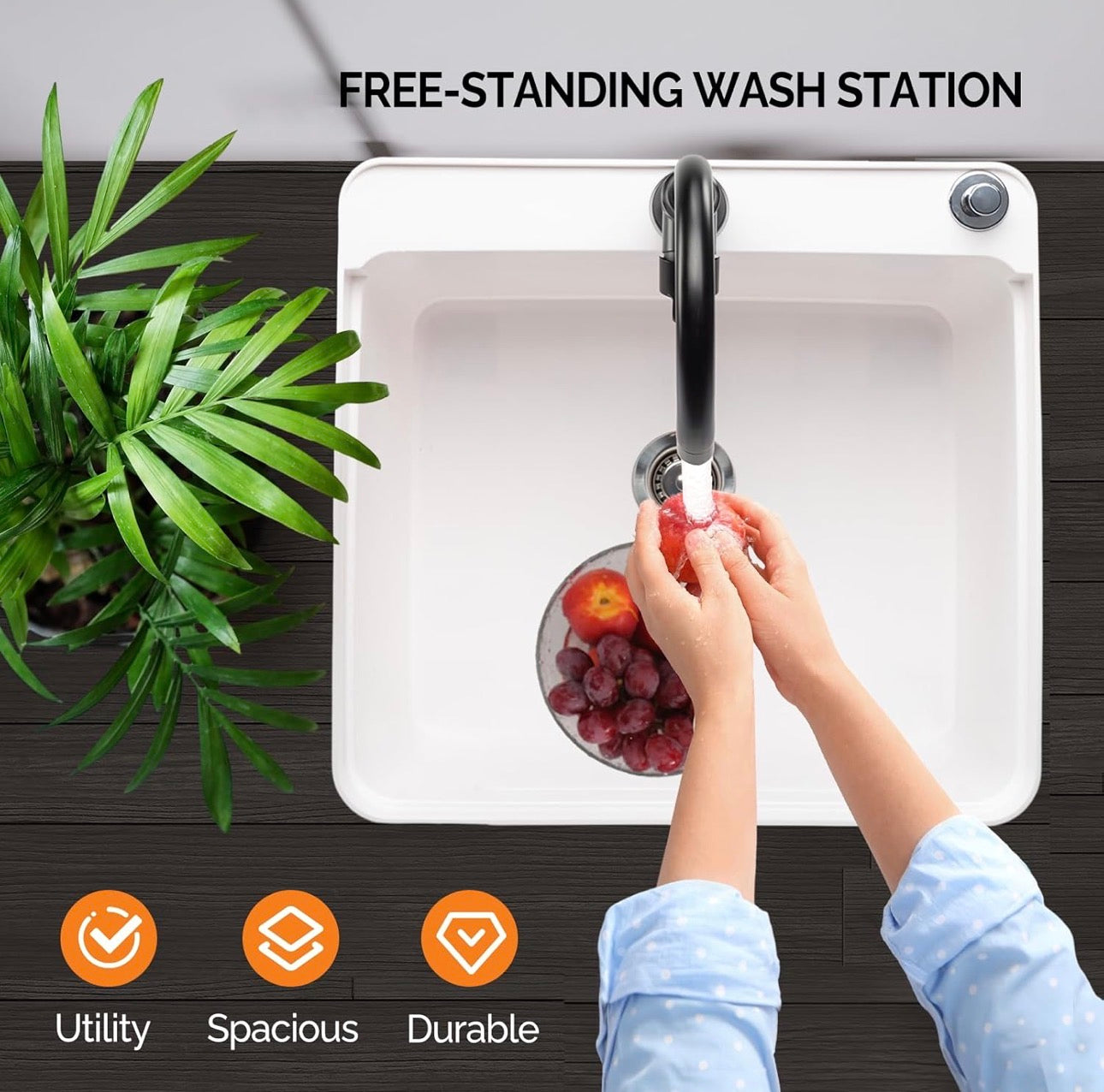 NEW- VINGLI 13-Gallon Utility Sink Laundry Tub for Washing Room, Freestanding Utility Sink with Stainless Steel Faucet, (White, 19.7"W × 18.9"D × 33"H)