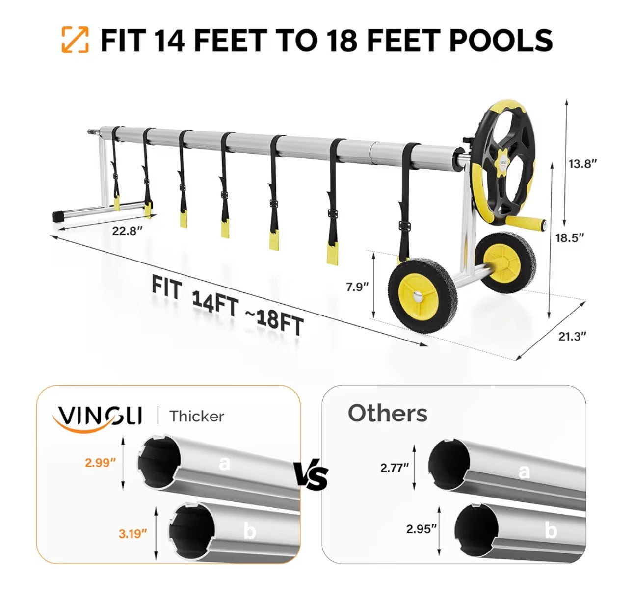 NEW- VINGLI Pool Cover Reel Set Pool Solar Cover Reel for Inground Swimming Pool, Aluminum Solar Swimming Inground Cover Blanket Reel (Upgrade) (18 Feet)