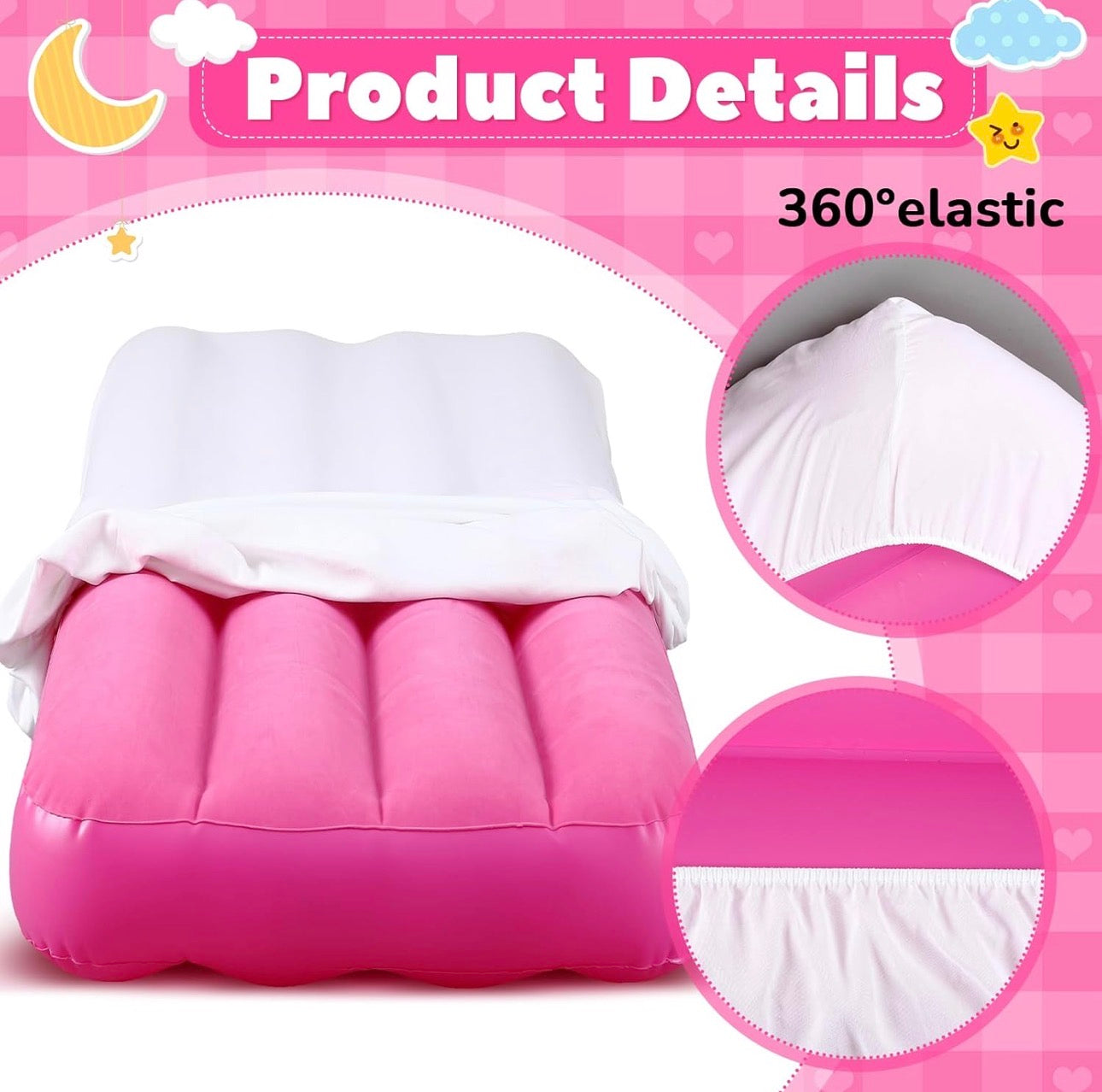 NEW- Windyun 6 Sets Air Mattress Bulk with Fitted Sheet, Inflatable Bed 63 x 27 x 8 Inches Blow up Airbed Camping Sleeping Pad for Birthdays Slumber Sleepover Party (White)