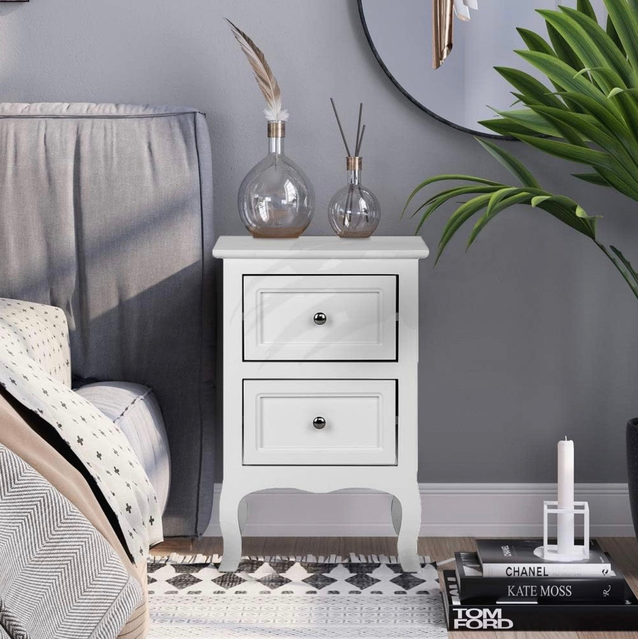 USED GOOD- Bonnlo White Nightstand with 2 Drawers, Night Stands for Bedrooms, Small Bed Side Table/White Night Stand with Drawers for Small Spaces, College Dorm, Kids' Room, Living Room, French, 16W × 12D x 24H