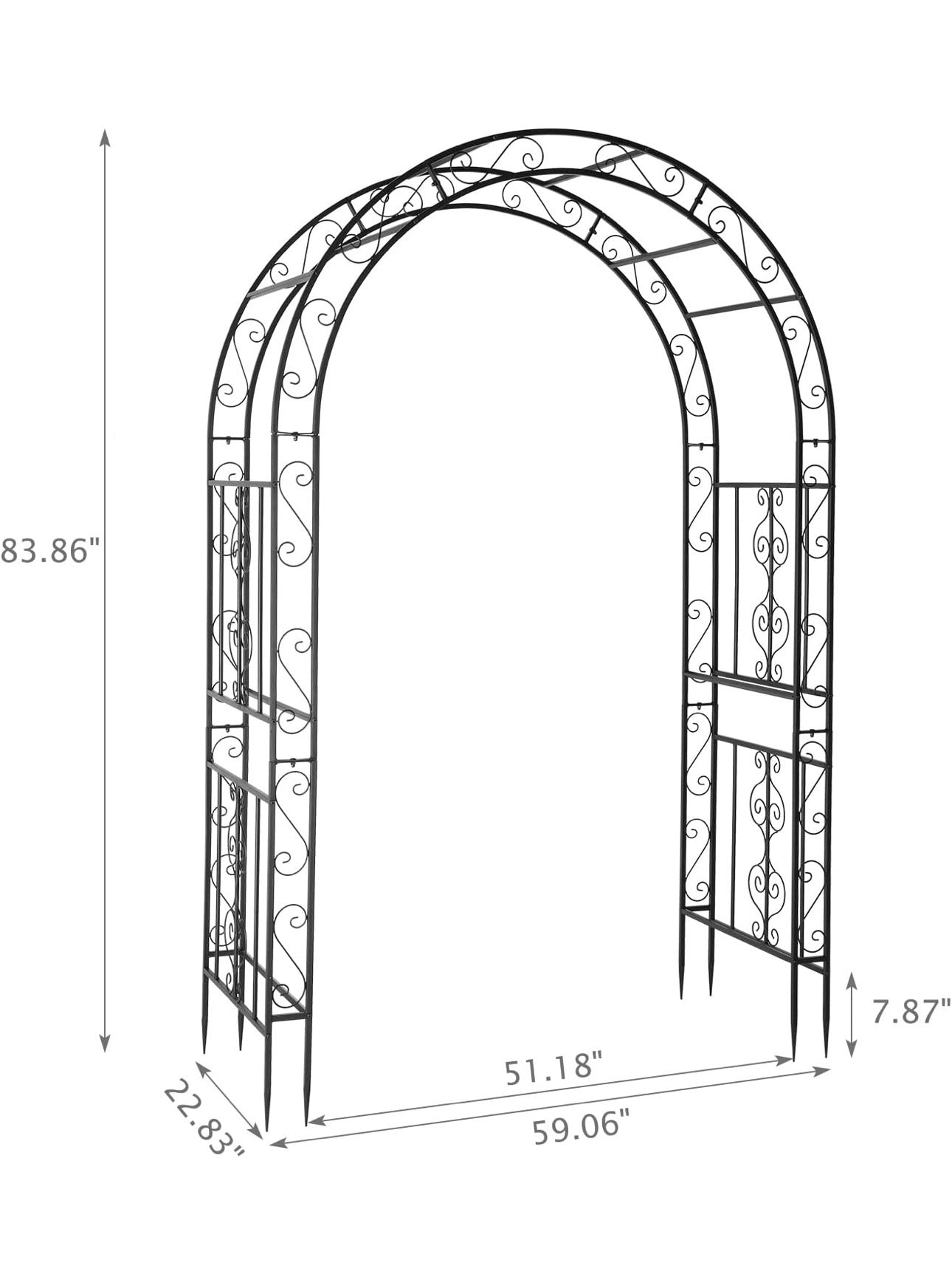 USED LIKE NEW- 7FT Heavy Duty Double Layer Iron Art Arc Top Iron Arch Black Steel, Garden Arbor with Side Garden Trellis, Rust-Resistant Powder Coated Wedding Arch Archway for Backyard, Vine Plants & Outdoor Decor - Includes Ground Stakes & Easy Assembly