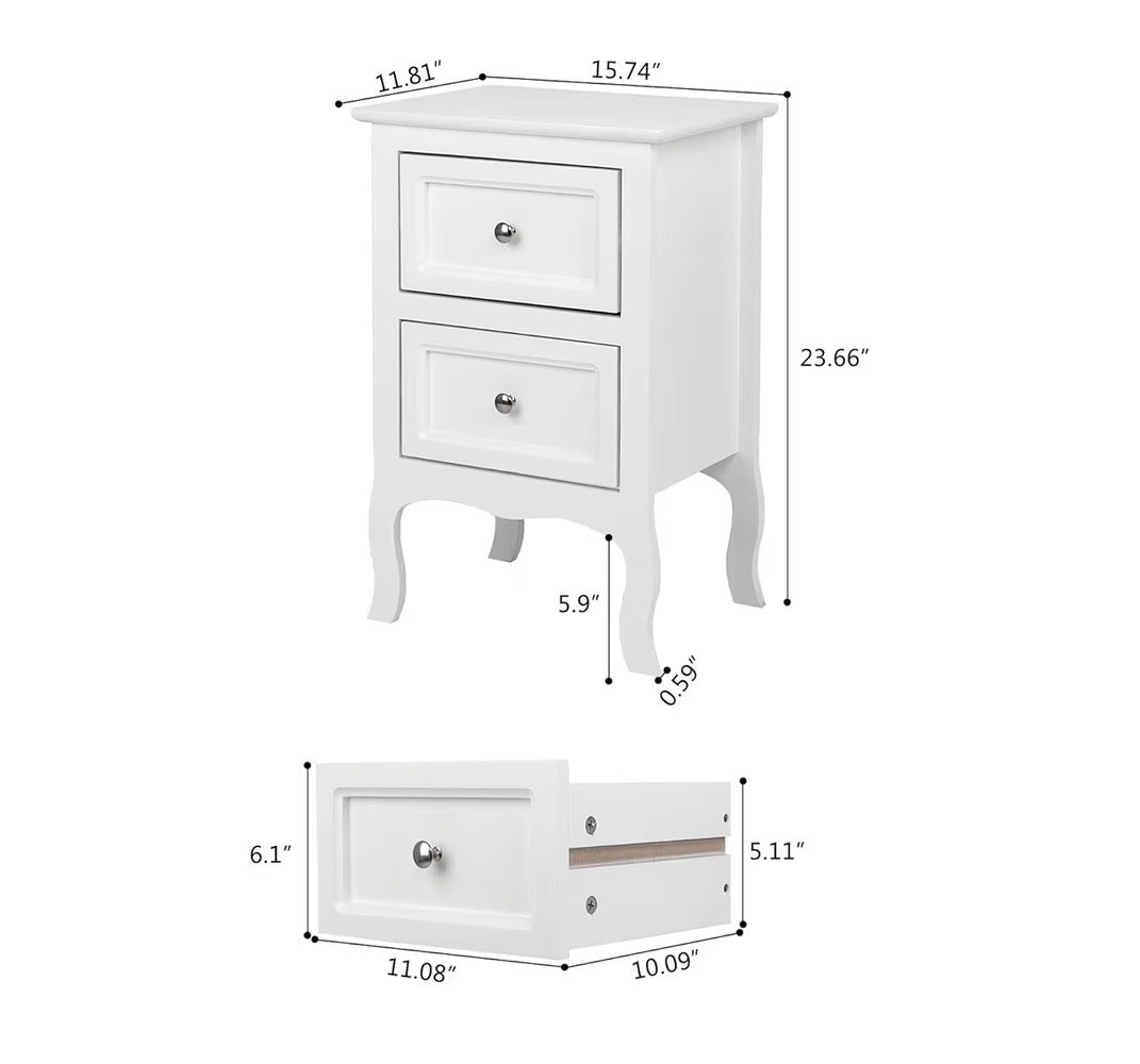 USED GOOD- Bonnlo White Nightstand with 2 Drawers, Night Stands for Bedrooms, Small Bed Side Table/White Night Stand with Drawers for Small Spaces, College Dorm, Kids' Room, Living Room, French, 16W × 12D x 24H
