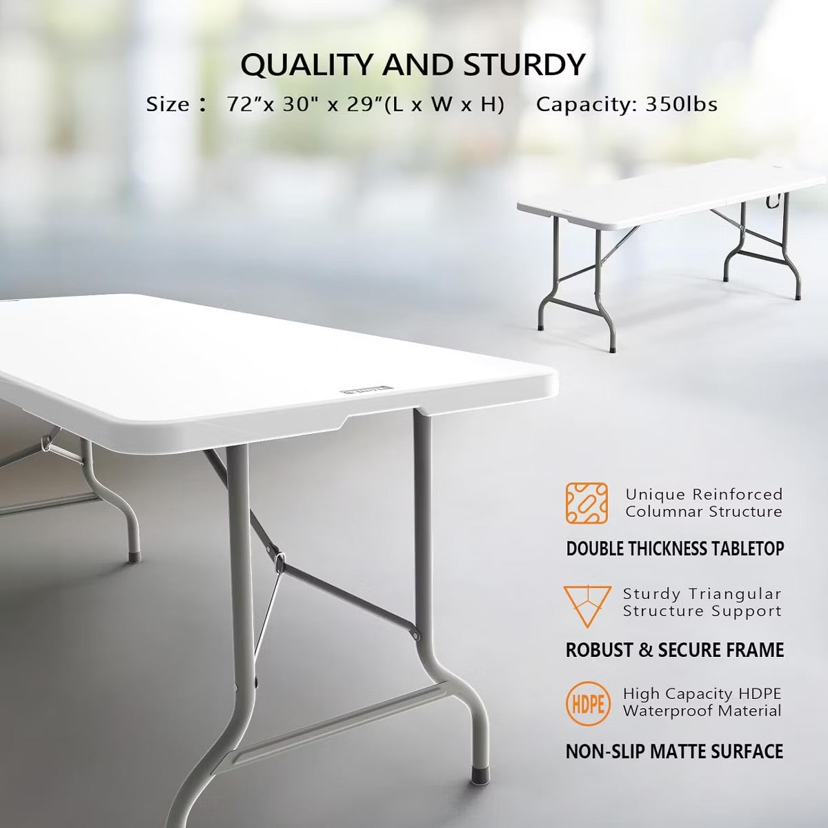 USED LIKE NEW- VINGLI 6 Foot Plastic Folding Table Portable Long White Table for Indoor Outdoor Use Rectangular with Carrying Handle