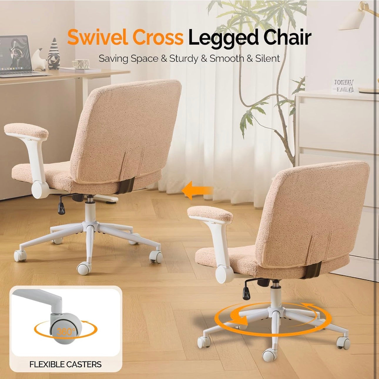 NEW- VINGLI Criss Cross Chair with Adjustable Flip-Up Arms,Cross Legged Chair with Wheels,Extra Wide Office Chair,Desk Chair for Home Office, Vanity, Bedroom, Apartment,Starry Chenille, Pink