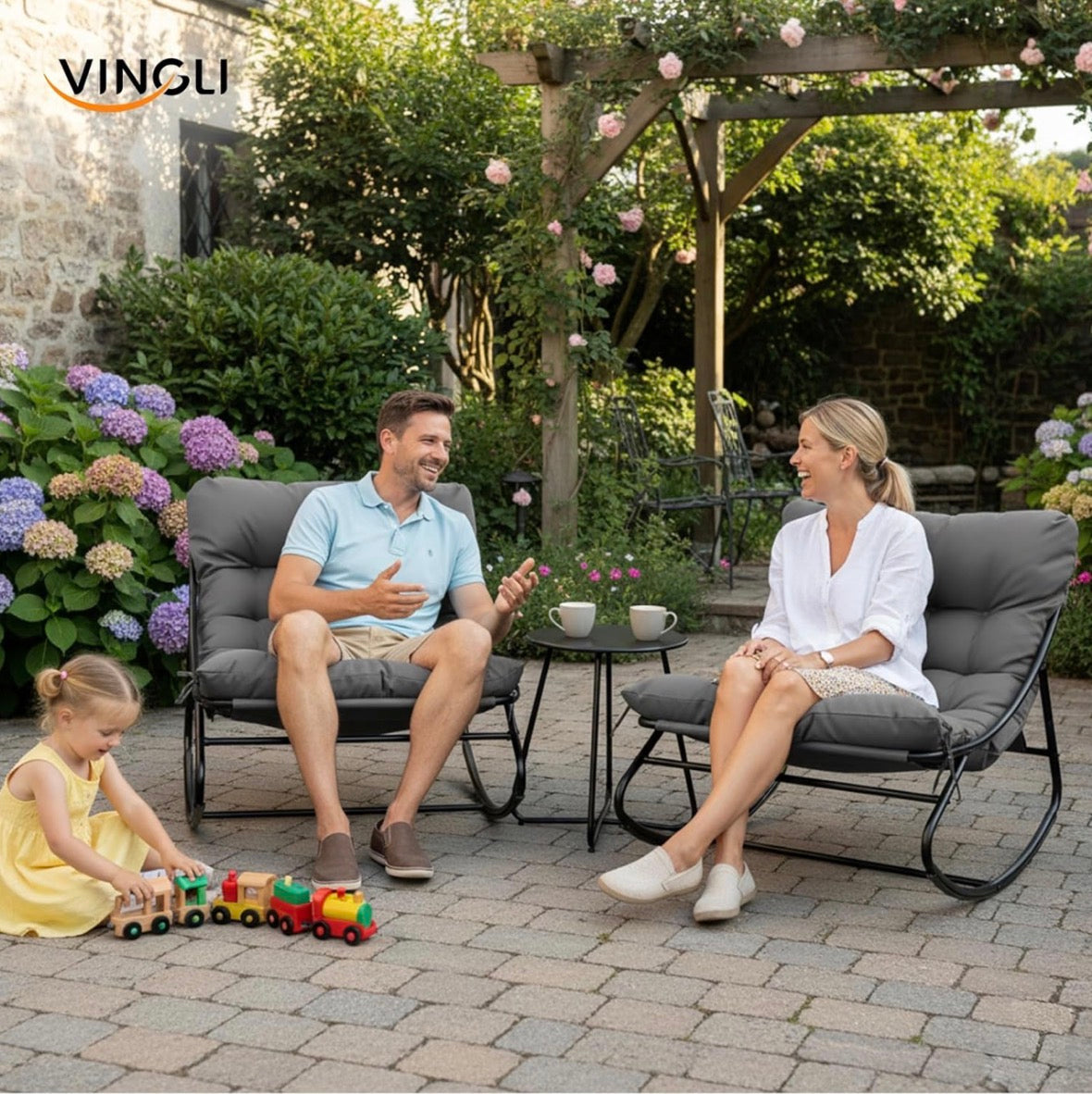 NEW- VINGLI Rocking Patio Chairs Set of 2 with Side Table, Heavy Duty 400 LBS Capacity, Padded Outdoor Indoor Rockers, Grey