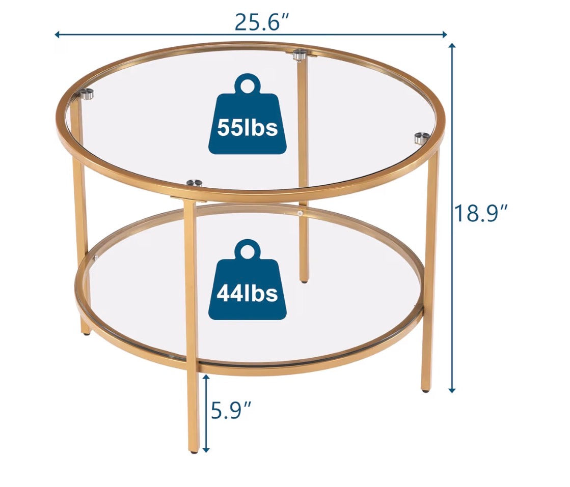 NEW- VINGLI 25.6" Round Gold Coffee Tables for Living Room, 2-Tier Glass Top Coffee Table with Storage Clear Coffee, Simple & Modern Center Table for Small Space