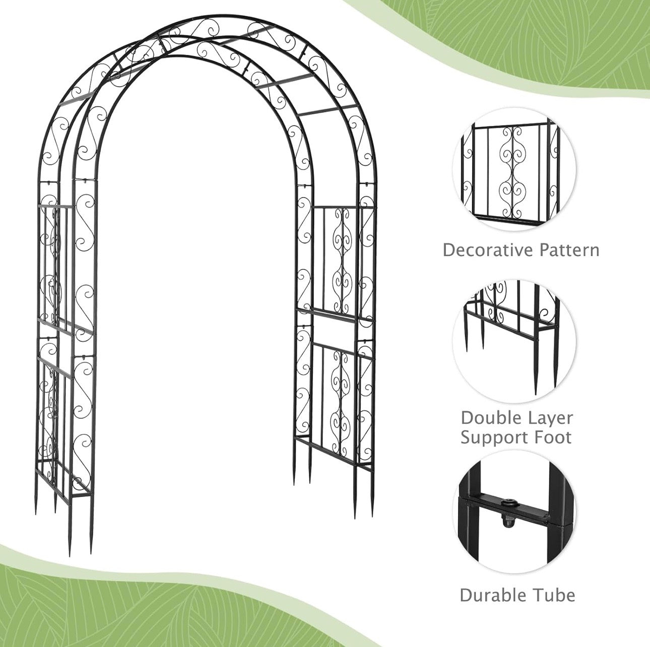 USED LIKE NEW- 7FT Heavy Duty Double Layer Iron Art Arc Top Iron Arch Black Steel, Garden Arbor with Side Garden Trellis, Rust-Resistant Powder Coated Wedding Arch Archway for Backyard, Vine Plants & Outdoor Decor - Includes Ground Stakes & Easy Assembly