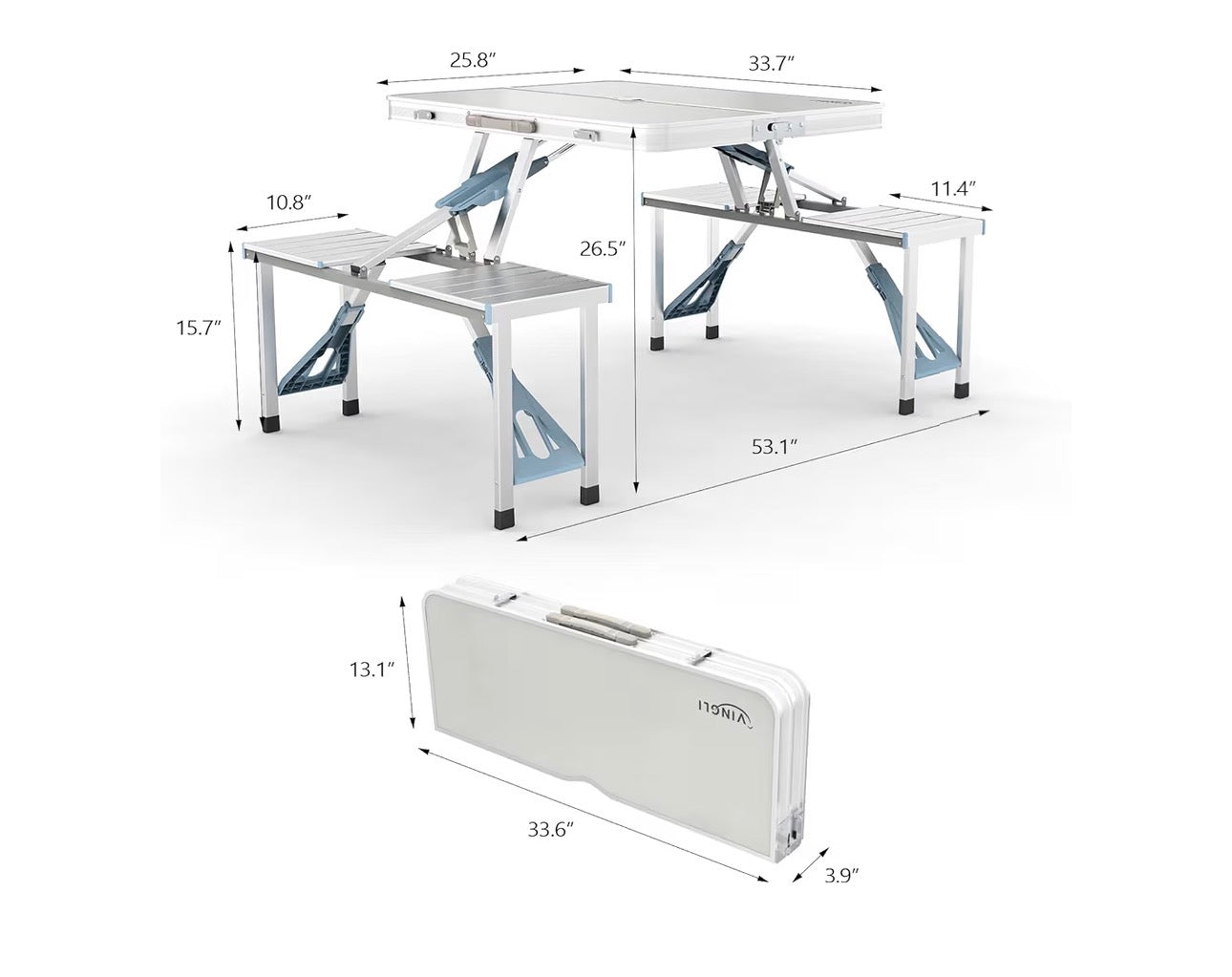 NEW- VINGLI 4Ft Folding Camping Picnic Table with Seats/Umbrella Hole-265 Lbs Support That Lightweight and Fold Up Card Suitcase Table Aluminum Alloy Frame, RV Tabletop with Soft Handle