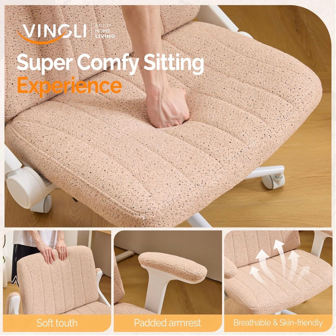 NEW- VINGLI Criss Cross Chair with Adjustable Flip-Up Arms,Cross Legged Chair with Wheels,Extra Wide Office Chair,Desk Chair for Home Office, Vanity, Bedroom, Apartment,Starry Chenille, Pink