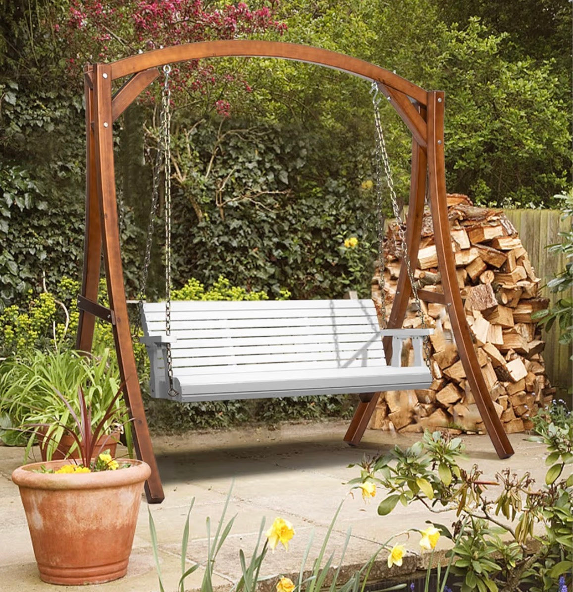 NEW- VINGLI Upgraded Patio Wooden Porch Swing for Courtyard & Garden, Heavy Duty 880 LBS Swing Chair Bench with Hanging Chains for Outdoors (5 FT, White)