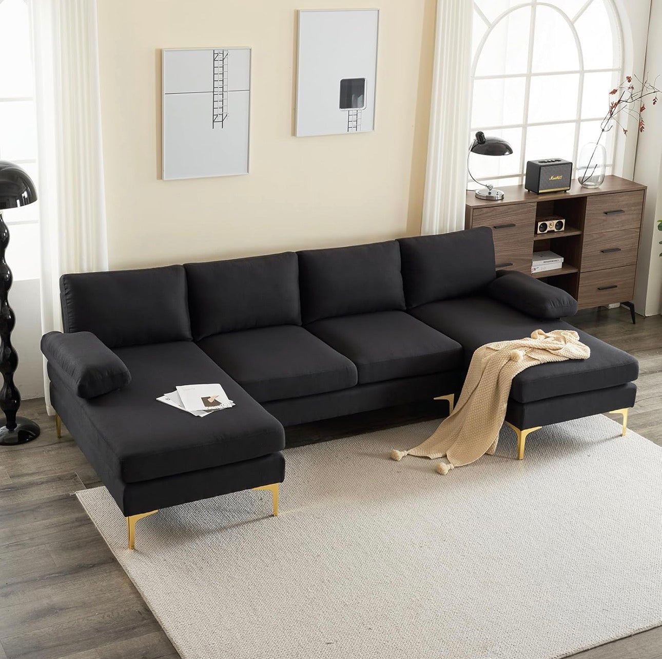 NEW- U-Shaped 3-Seat Modular Couch, Sectional Sofa Couch Large Sectional Couches for Home Apartment, Office, Living Room Solid Wood Frame Iron Back and Golden Feet Linen Upholstery Black